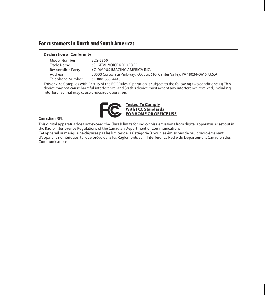 For customers in north and south america | Olympus DS-2500 User Manual | Page 195 / 196