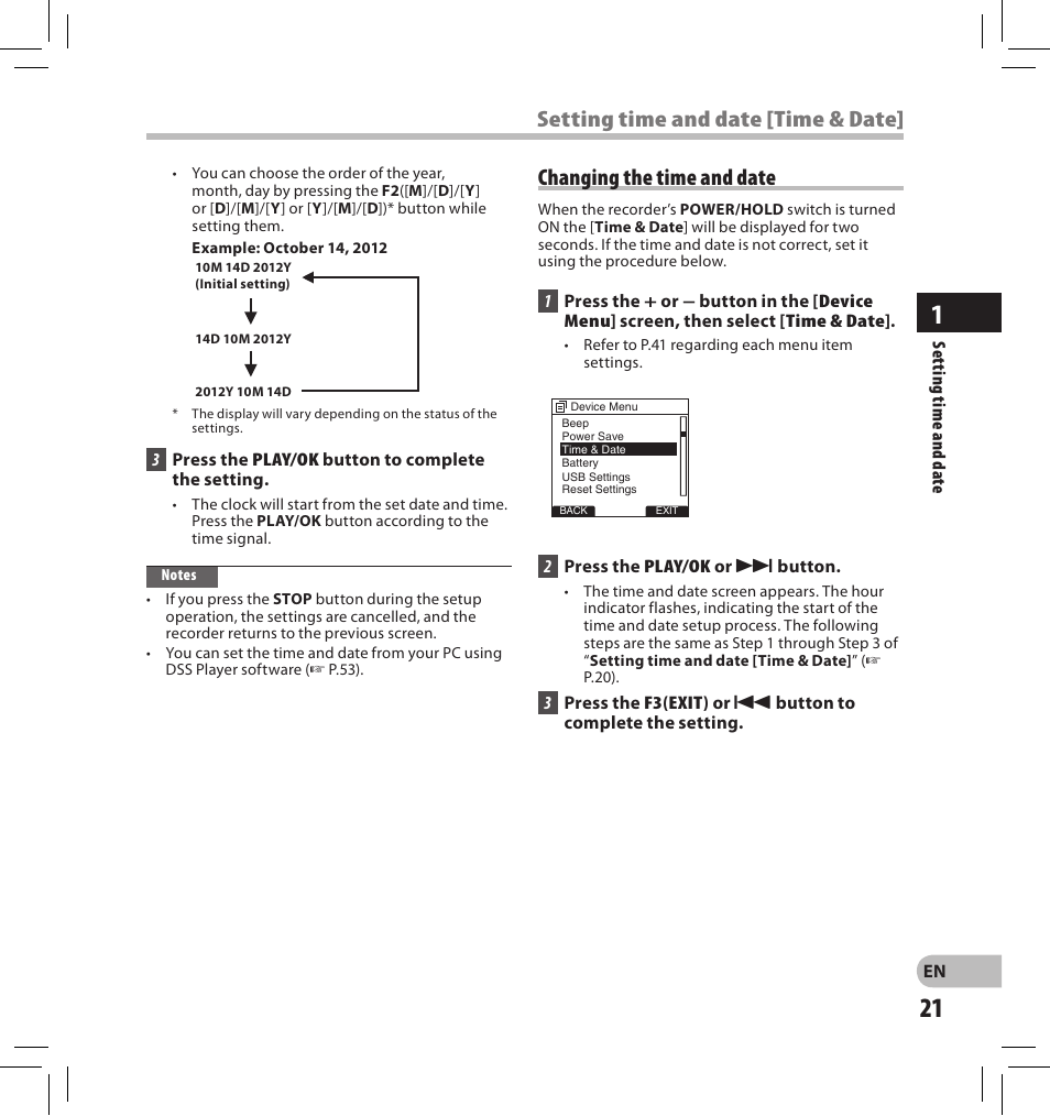 Changing the time and date, Setting time and date [time & date | Olympus DS-2500 User Manual | Page 21 / 196