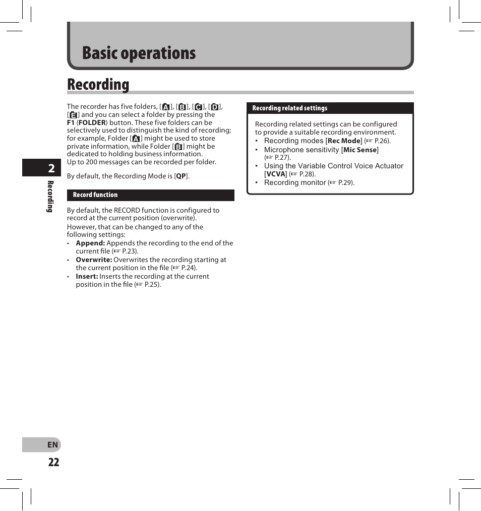 Basic operations, Recording | Olympus DS-2500 User Manual | Page 22 / 196