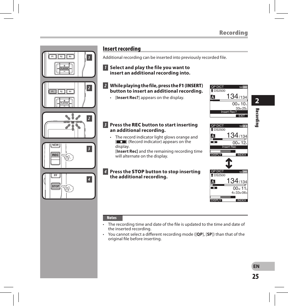 Recording insert recording | Olympus DS-2500 User Manual | Page 25 / 196