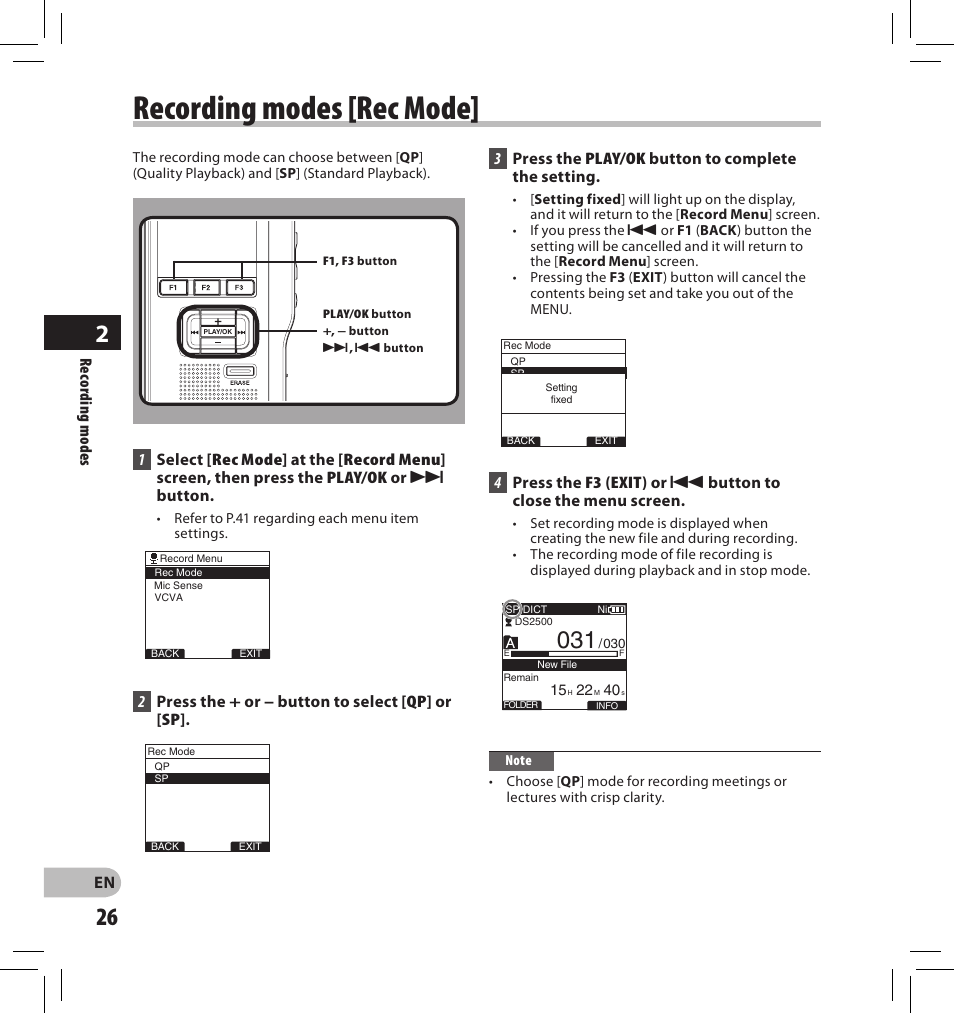 Recording modes [rec mode | Olympus DS-2500 User Manual | Page 26 / 196