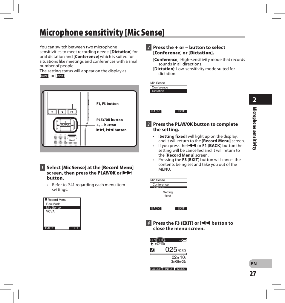 Microphone sensitivity [mic sense | Olympus DS-2500 User Manual | Page 27 / 196