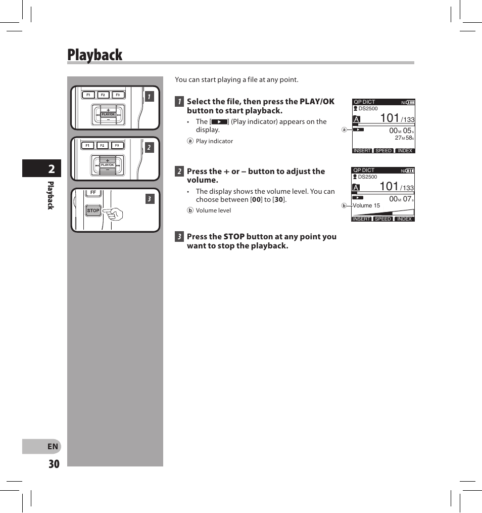 Playback | Olympus DS-2500 User Manual | Page 30 / 196