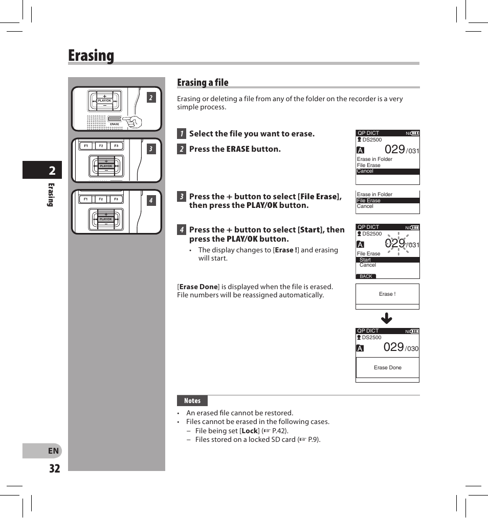 Erasing, Erasing a file | Olympus DS-2500 User Manual | Page 32 / 196