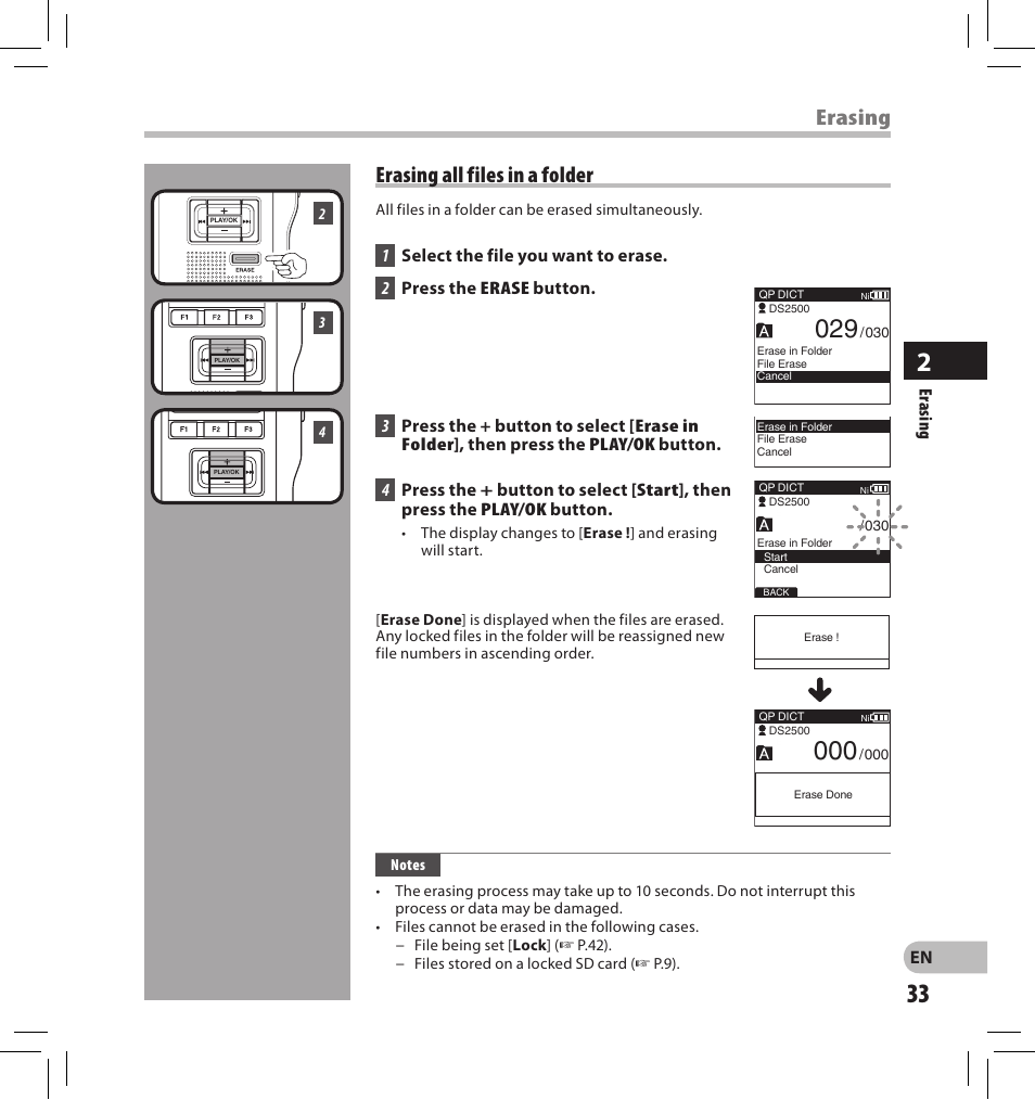 Erasing erasing all files in a folder | Olympus DS-2500 User Manual | Page 33 / 196