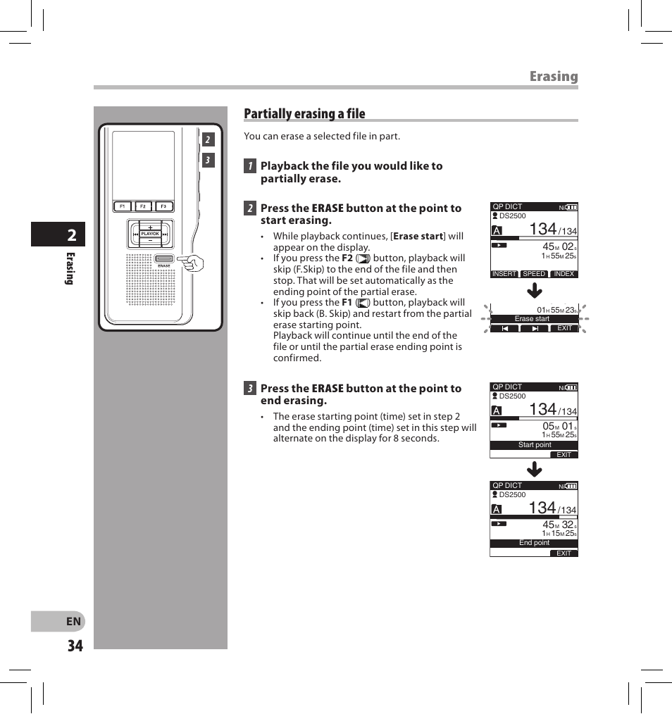 Erasing partially erasing a file, Eras in g | Olympus DS-2500 User Manual | Page 34 / 196