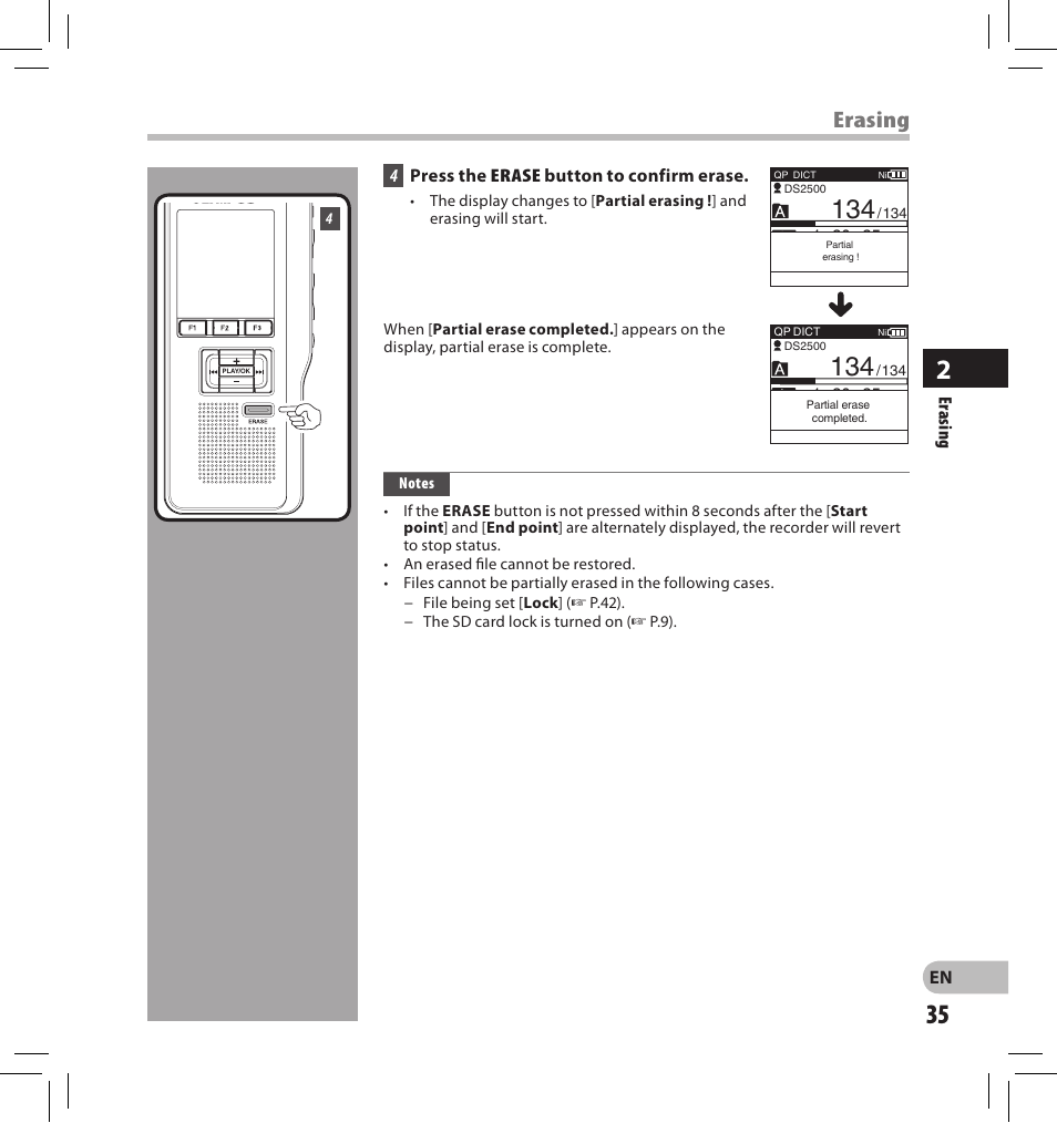 Erasing | Olympus DS-2500 User Manual | Page 35 / 196