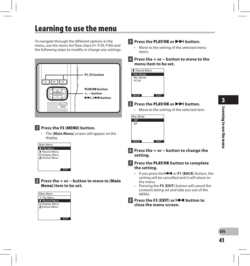 Learning to use the menu | Olympus DS-2500 User Manual | Page 41 / 196