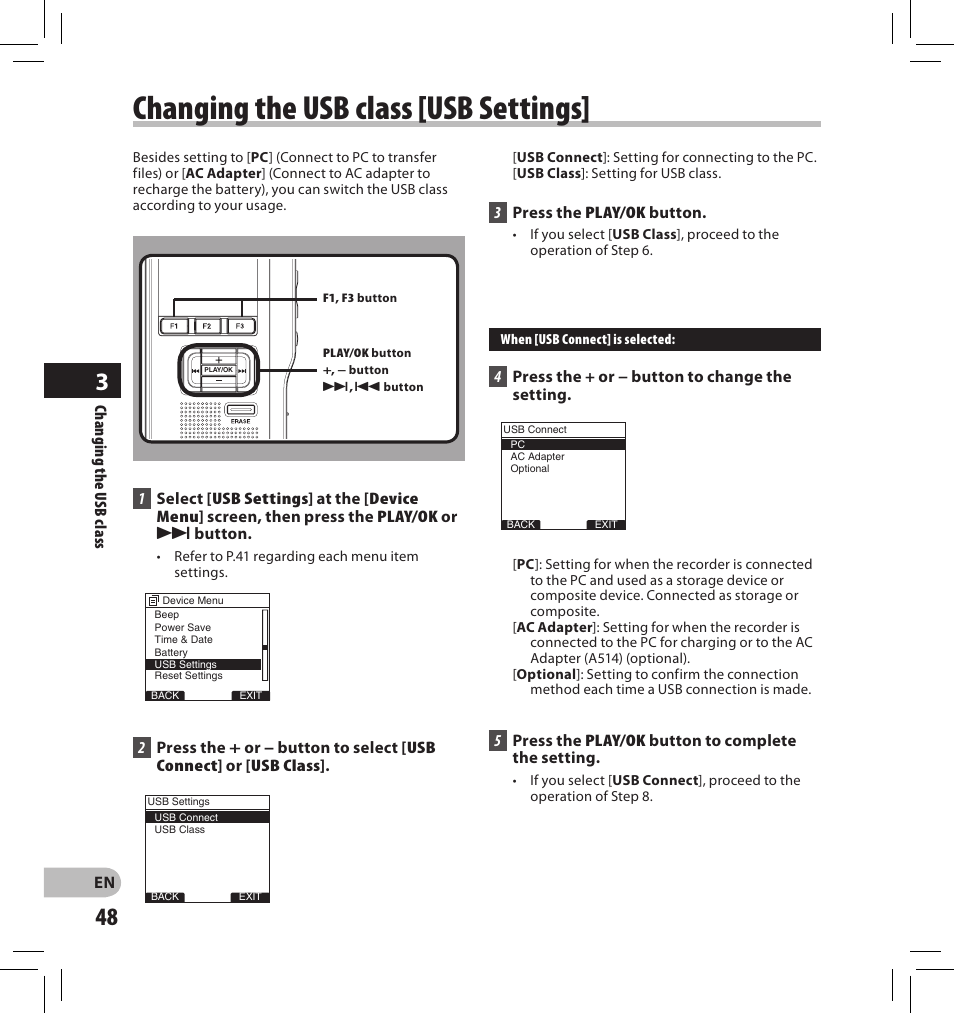 Changing the usb class [usb settings | Olympus DS-2500 User Manual | Page 48 / 196