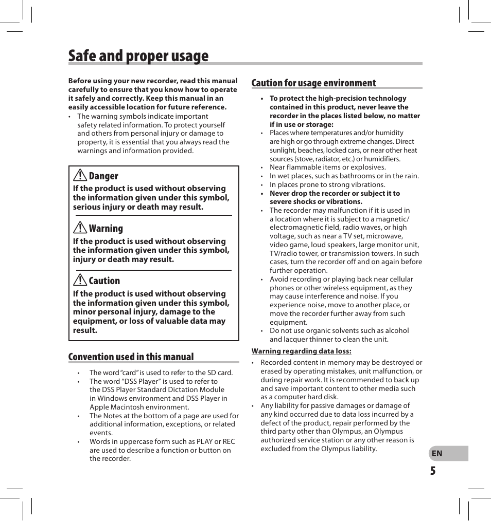 Safe and proper usage, Danger, Warning | Caution, Convention used in this manual, Caution for usage environment | Olympus DS-2500 User Manual | Page 5 / 196