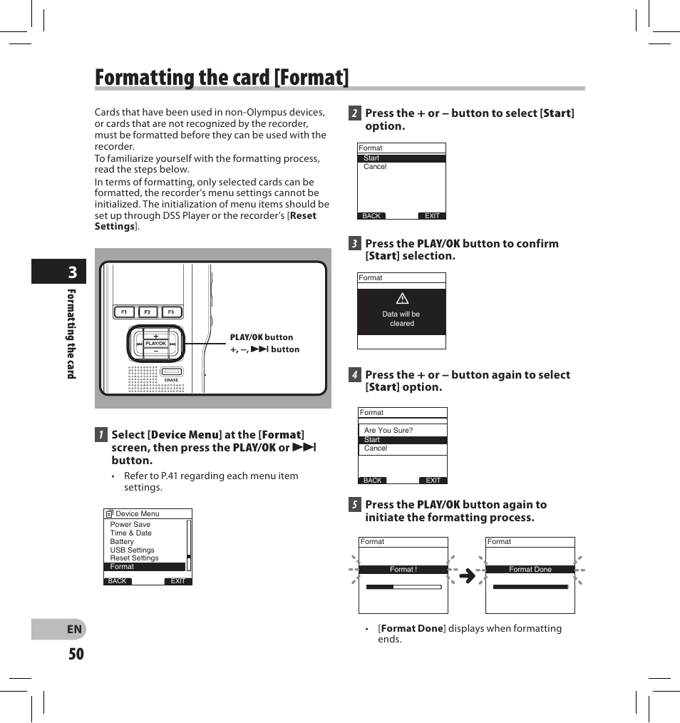 Formatting the card [format | Olympus DS-2500 User Manual | Page 50 / 196