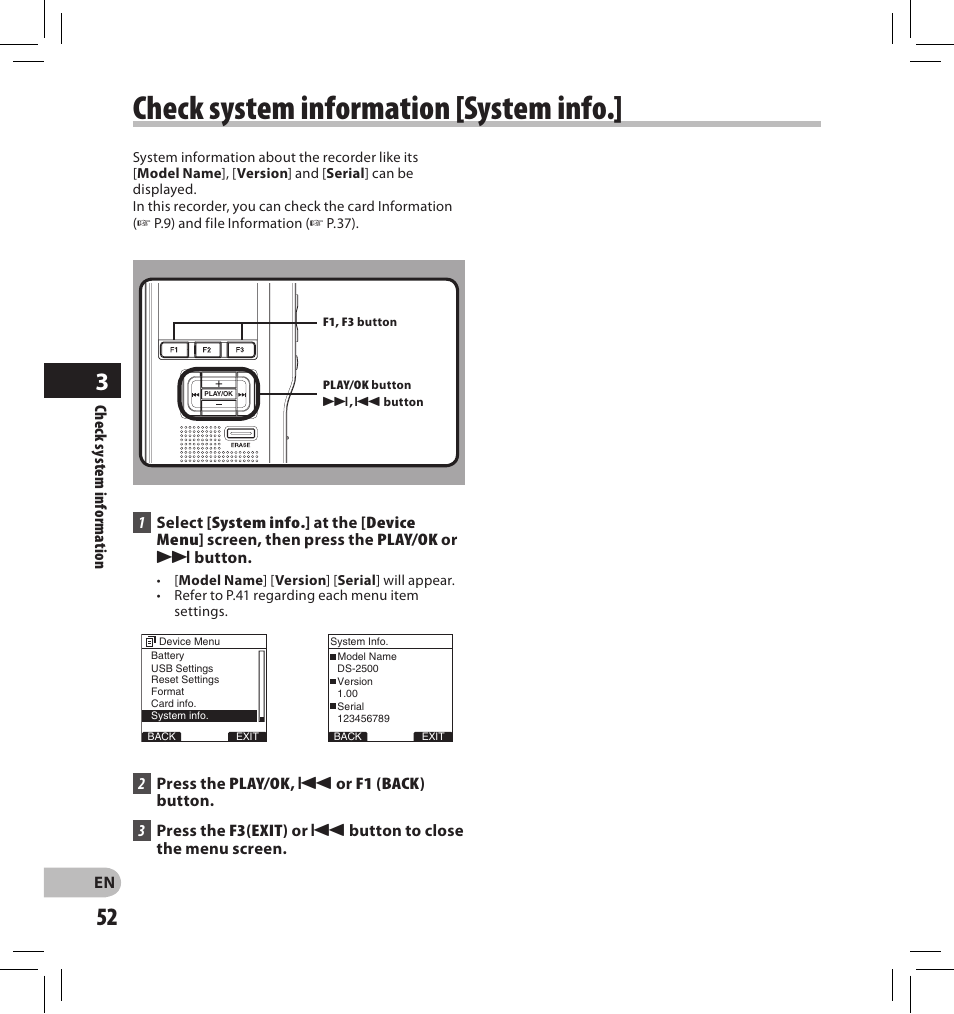 Check system information [system info | Olympus DS-2500 User Manual | Page 52 / 196