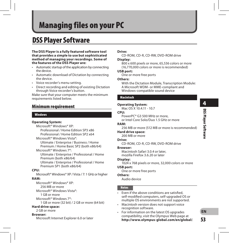 Managing files on your pc, Dss player software, Minimum requirement | Olympus DS-2500 User Manual | Page 53 / 196