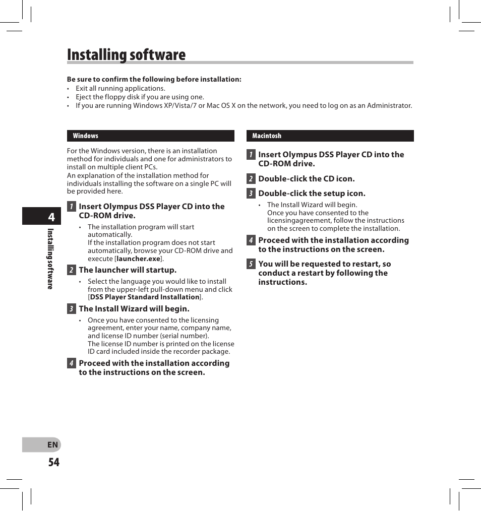 Installing software | Olympus DS-2500 User Manual | Page 54 / 196