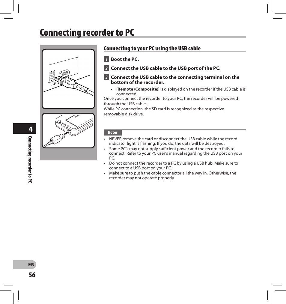 Connecting recorder to pc, Connecting to your pc using the usb cable | Olympus DS-2500 User Manual | Page 56 / 196