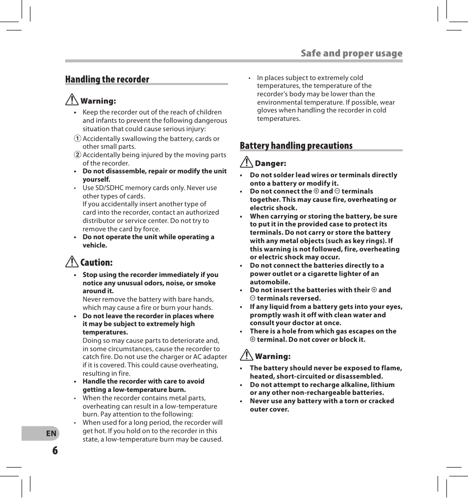 Safe and proper usage handling the recorder, Caution, Battery handling precautions | Olympus DS-2500 User Manual | Page 6 / 196