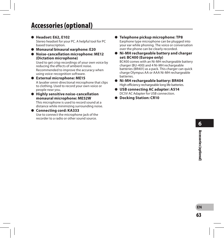 Accessories (optional) | Olympus DS-2500 User Manual | Page 63 / 196