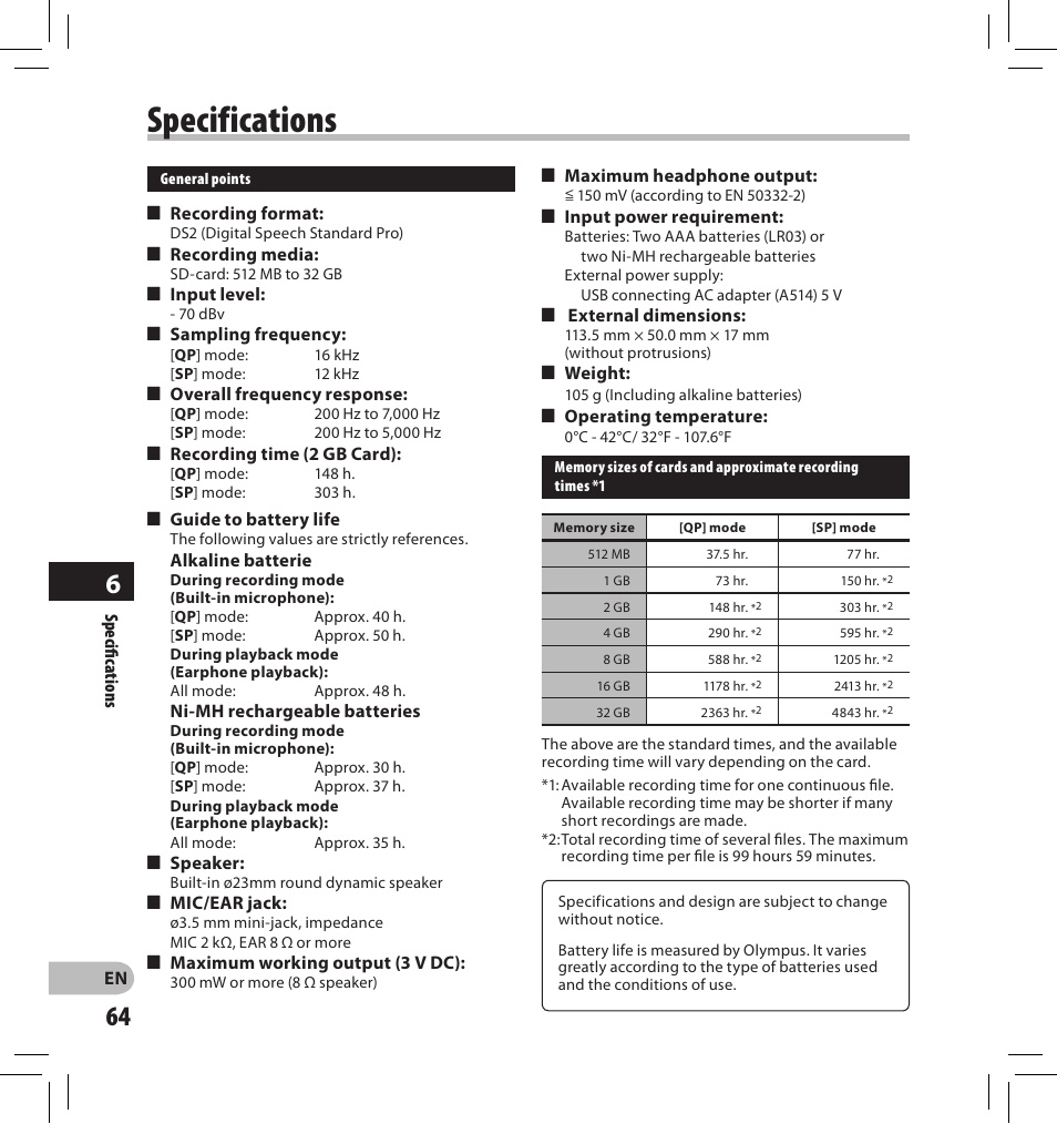 Specifications | Olympus DS-2500 User Manual | Page 64 / 196