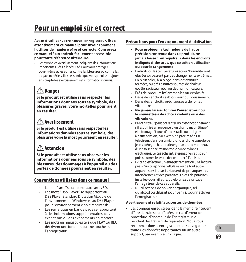 Pour un emploi sûr et correct, Danger, Avertissement | Attention, Conventions utilisées dans ce manuel, Précautions pour l’environnement d’utilisation | Olympus DS-2500 User Manual | Page 69 / 196