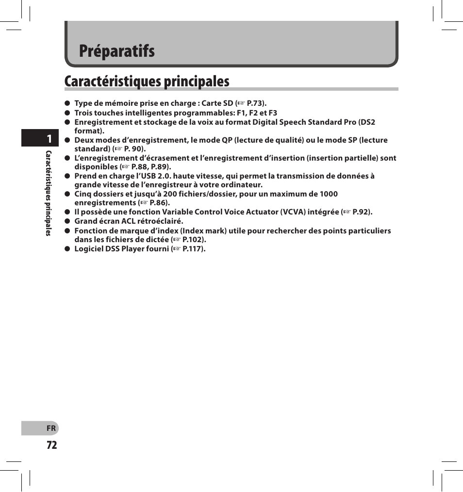 Préparatifs, Caractéristiques principales | Olympus DS-2500 User Manual | Page 72 / 196