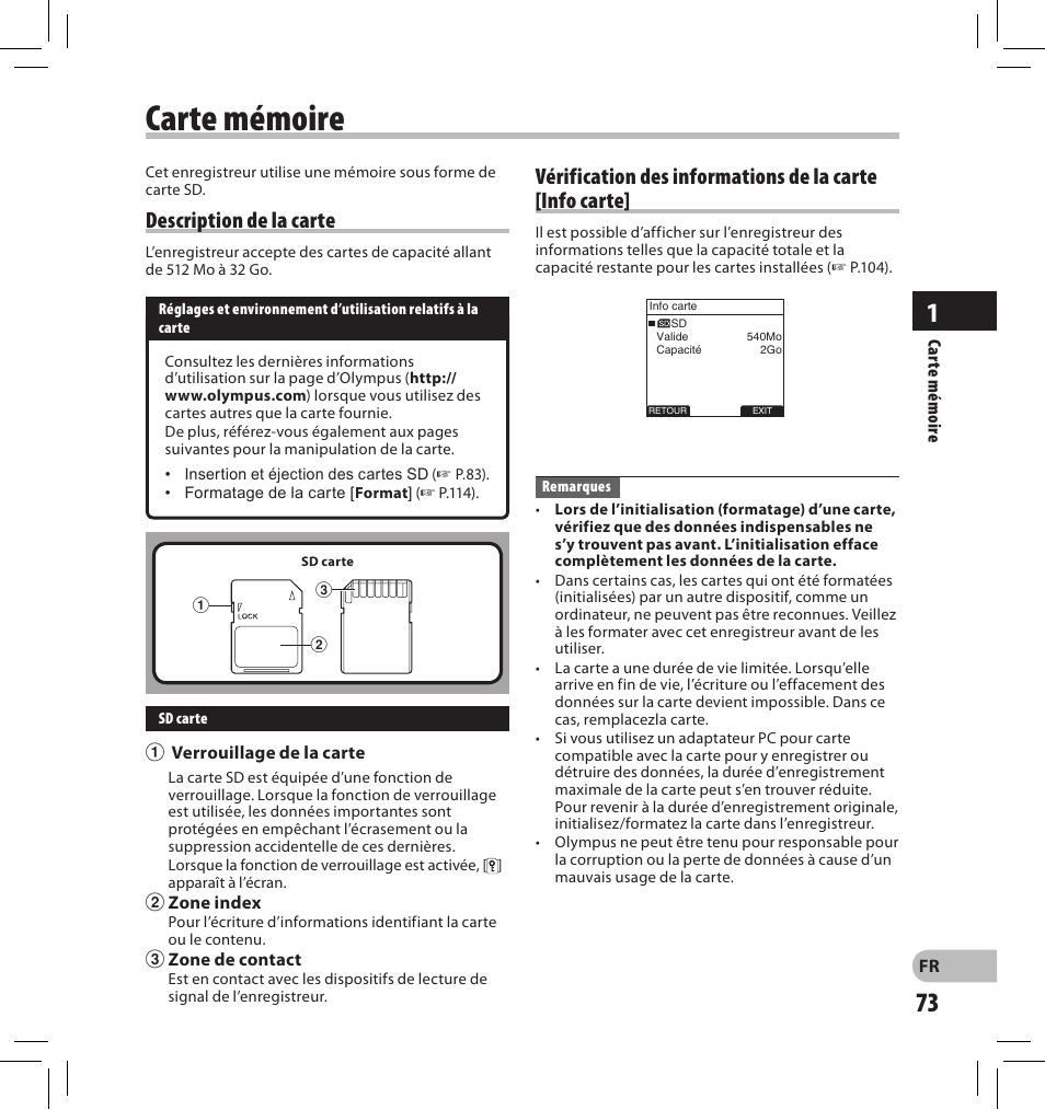 Carte mémoire, Description de la carte | Olympus DS-2500 User Manual | Page 73 / 196