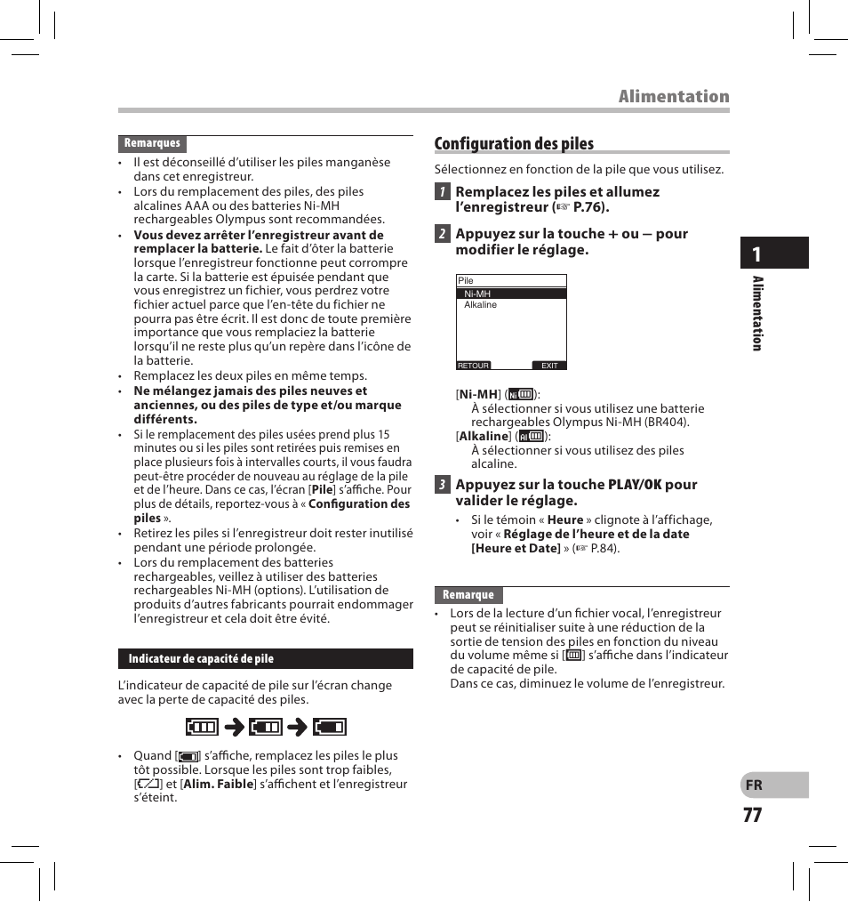 Alimentation, Configuration des piles | Olympus DS-2500 User Manual | Page 77 / 196