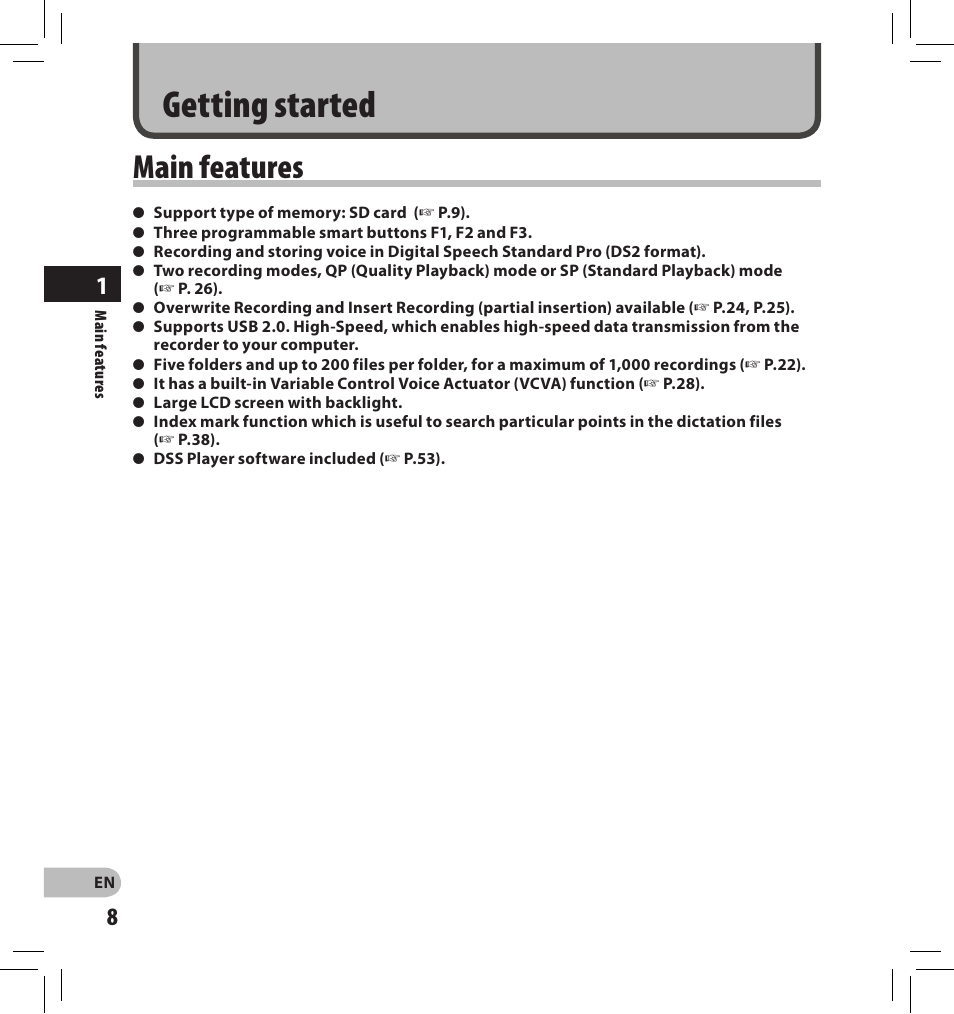 Getting started, Main features | Olympus DS-2500 User Manual | Page 8 / 196