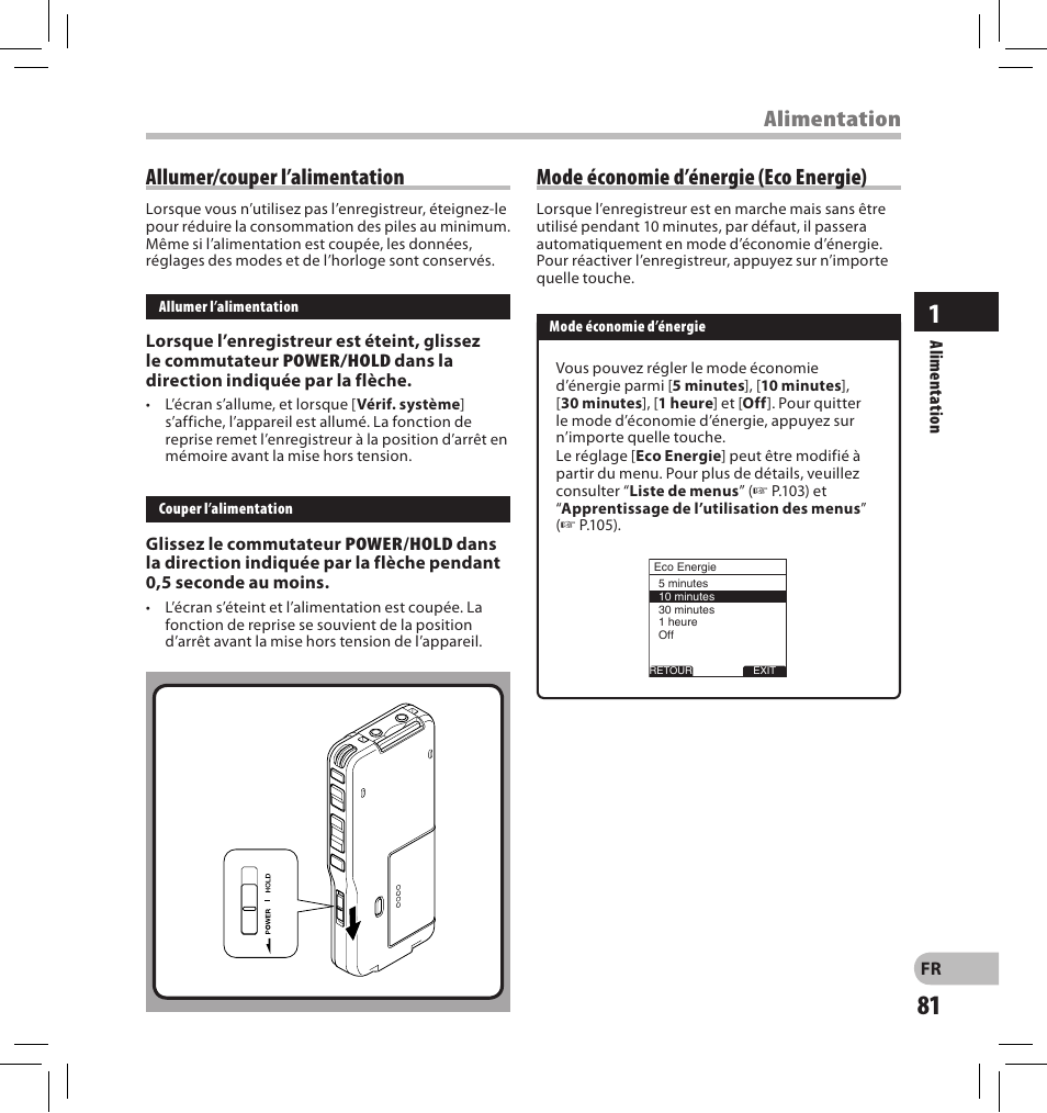 Allumer/couper l’alimentation, Alimentation mode économie d’énergie (eco energie) | Olympus DS-2500 User Manual | Page 81 / 196