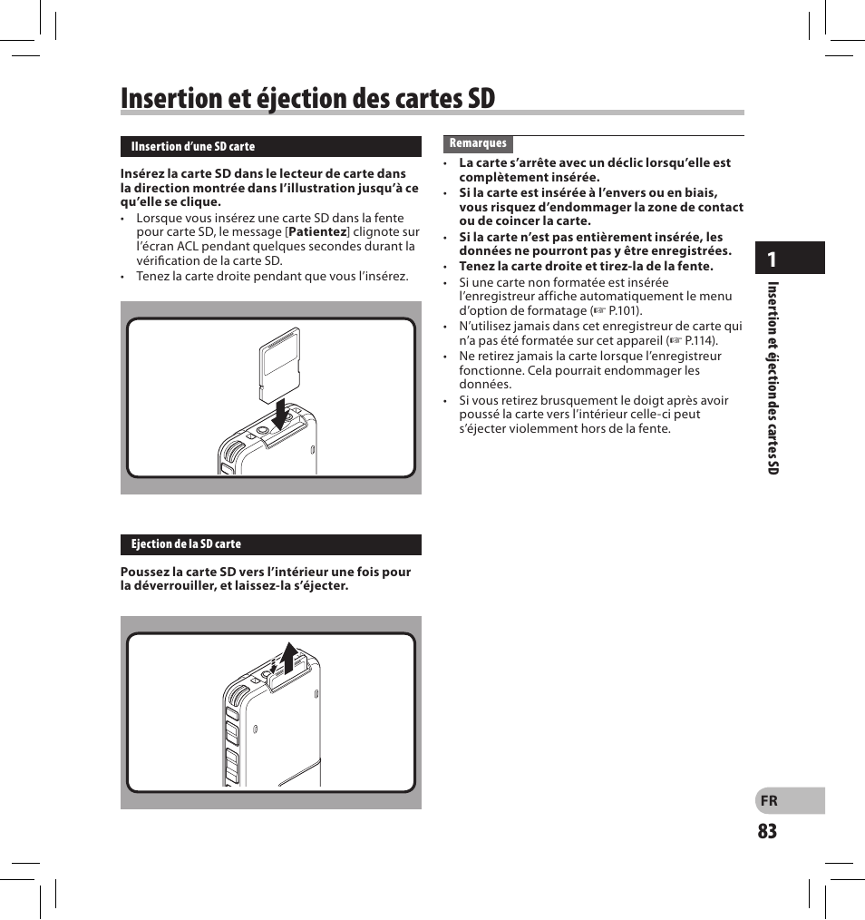 Insertion et éjection des cartes sd | Olympus DS-2500 User Manual | Page 83 / 196