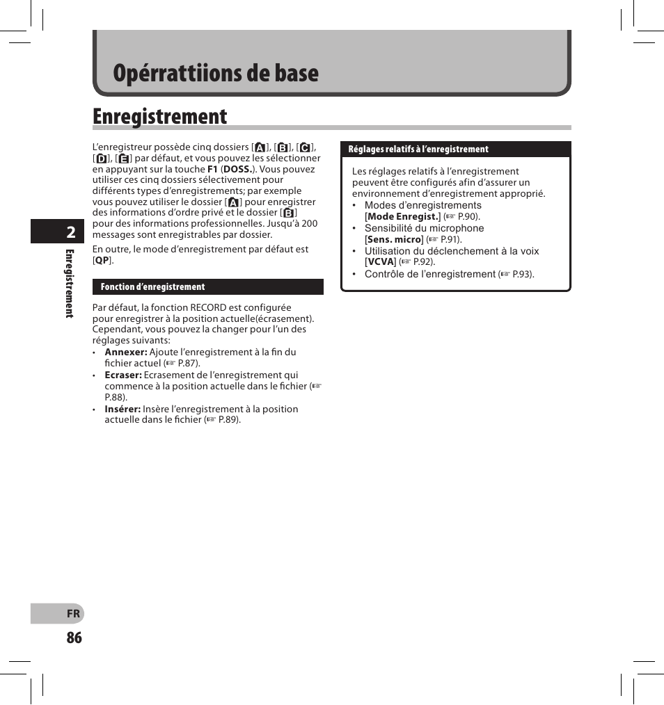 Opérrattiions de base, Enregistrement | Olympus DS-2500 User Manual | Page 86 / 196