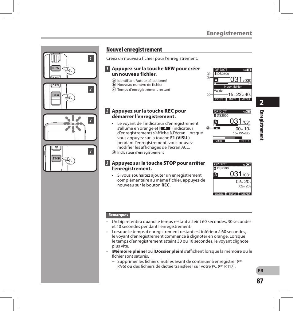 Enregistrement nouvel enregistrement, En registrem e n t | Olympus DS-2500 User Manual | Page 87 / 196