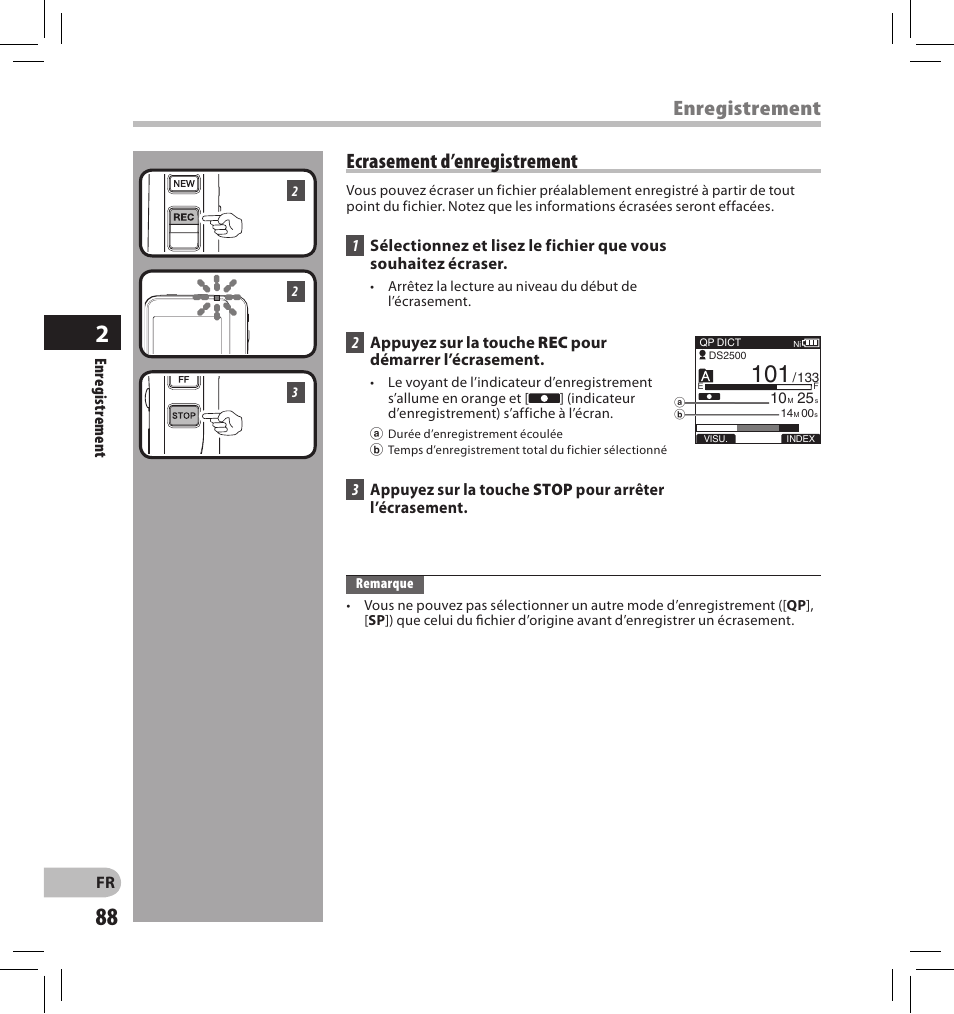 Ecrasement d’enregistrement, Enregistrement | Olympus DS-2500 User Manual | Page 88 / 196