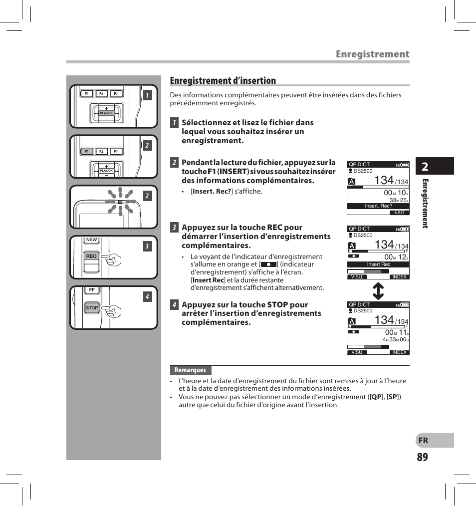 Enregistrement enregistrement d’insertion | Olympus DS-2500 User Manual | Page 89 / 196