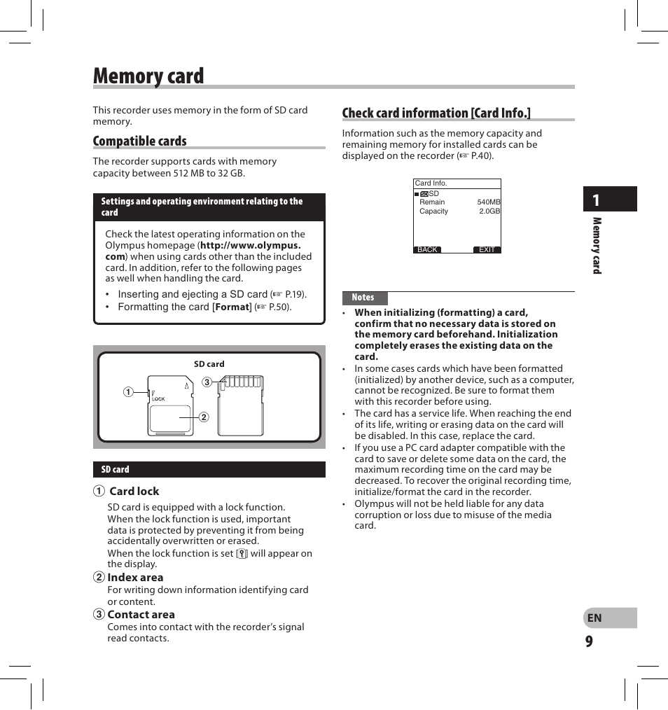 Compatible cards, Check card information [card info | Olympus DS-2500 User Manual | Page 9 / 196