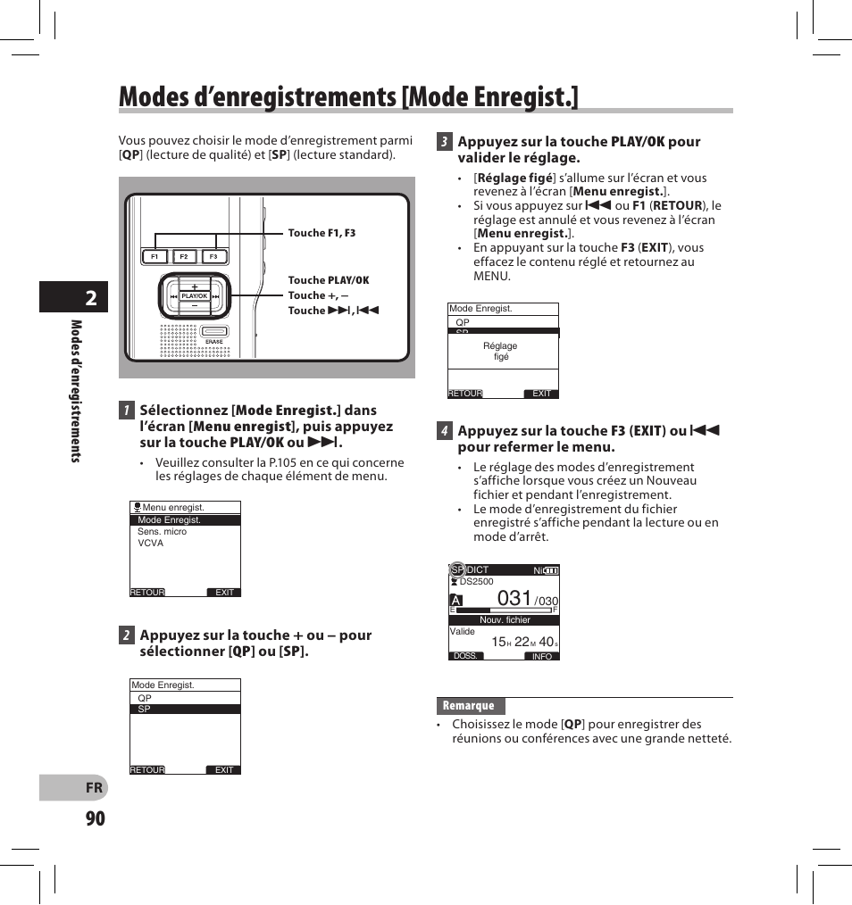 Modes d’enregistrements [mode enregist | Olympus DS-2500 User Manual | Page 90 / 196