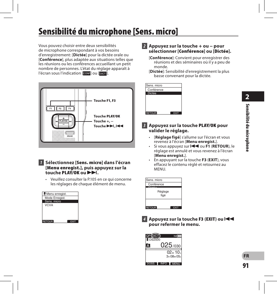 Sensibilité du microphone [sens. micro | Olympus DS-2500 User Manual | Page 91 / 196