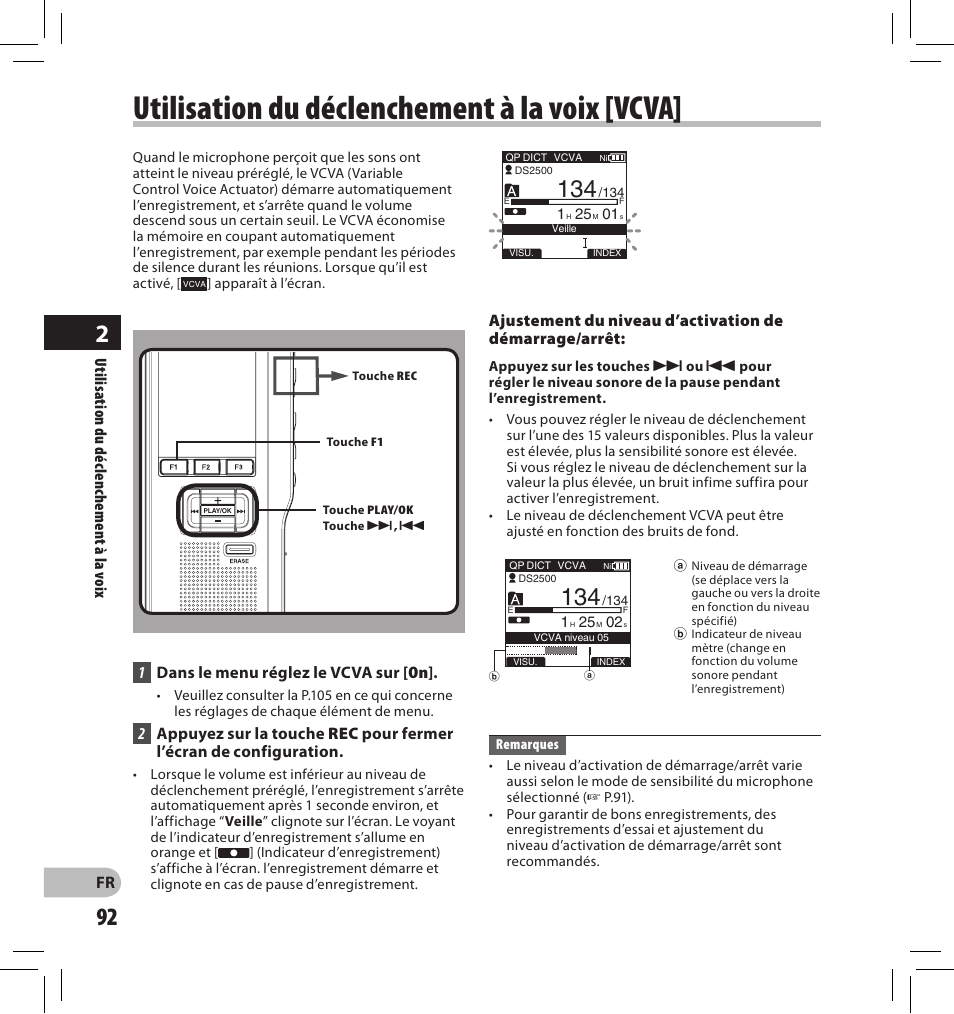 Utilisation du déclenchement à la voix [vcva | Olympus DS-2500 User Manual | Page 92 / 196