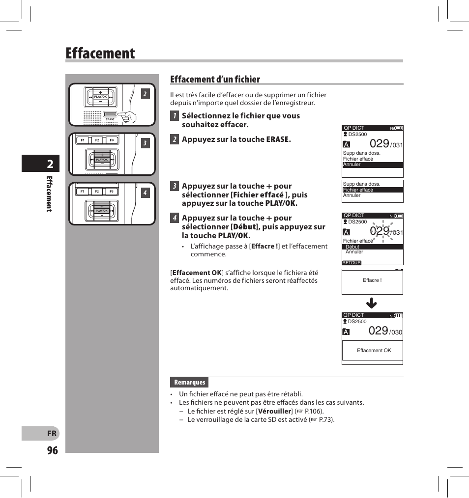 Effacement, Effacement d’un fichier | Olympus DS-2500 User Manual | Page 96 / 196
