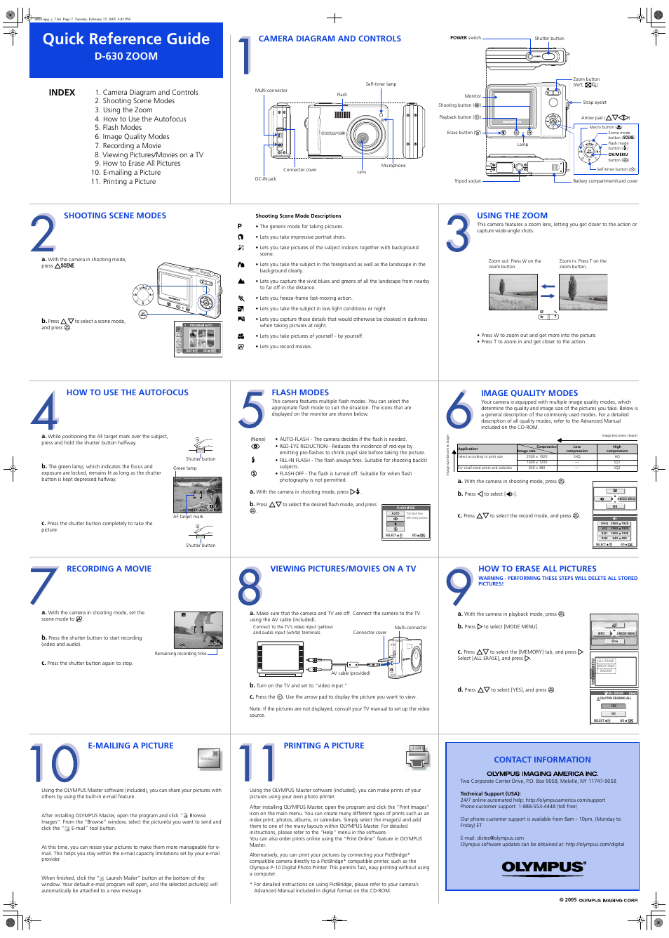 Quick reference guide, D-630 zoom, Index | Camera diagram and controls, Shooting scene modes, Using the zoom, How to use the autofocus, Flash modes, Image quality modes, Recording a movie | Olympus D-630 Zoom User Manual | Page 2 / 2