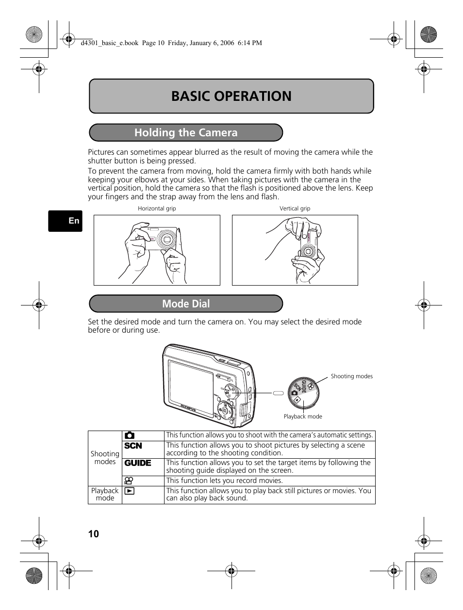 Basic operation, Holding the camera mode dial | Olympus Stylus 810 User Manual | Page 10 / 84