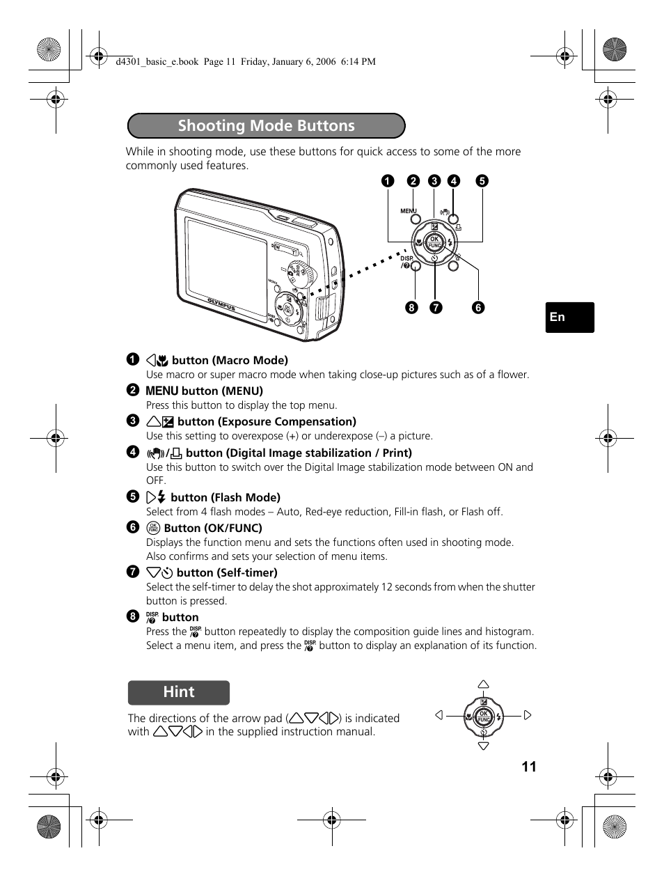 Shooting mode buttons, Hint | Olympus Stylus 810 User Manual | Page 11 / 84