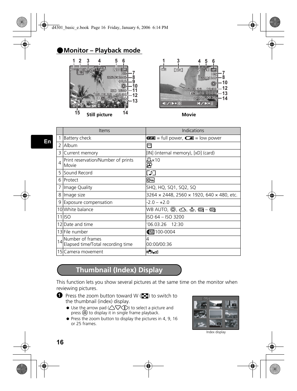 Thumbnail (index) display, Monitor – playback mode | Olympus Stylus 810 User Manual | Page 16 / 84
