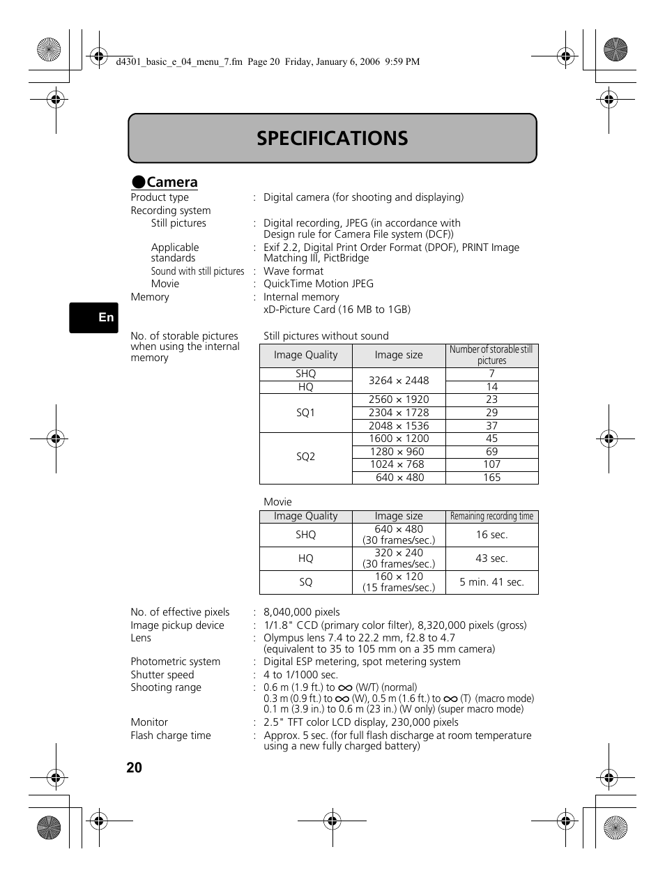 Specifications, Camera | Olympus Stylus 810 User Manual | Page 20 / 84