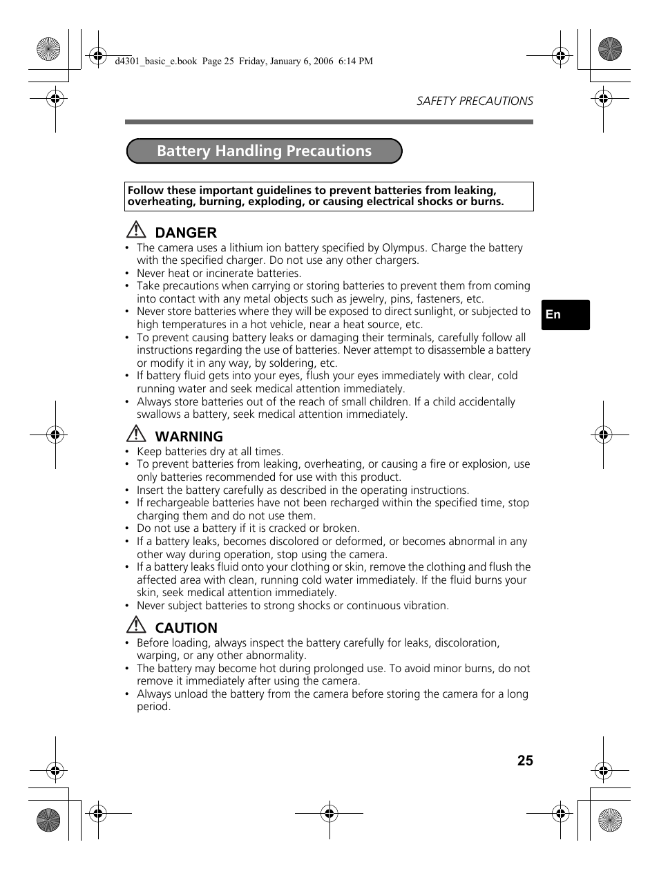 Battery handling precautions | Olympus Stylus 810 User Manual | Page 25 / 84