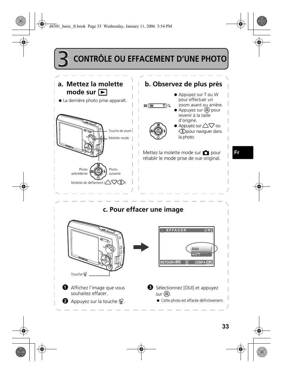 Contrôle ou effacement d’une photo, C. pour effacer une image | Olympus Stylus 810 User Manual | Page 33 / 84