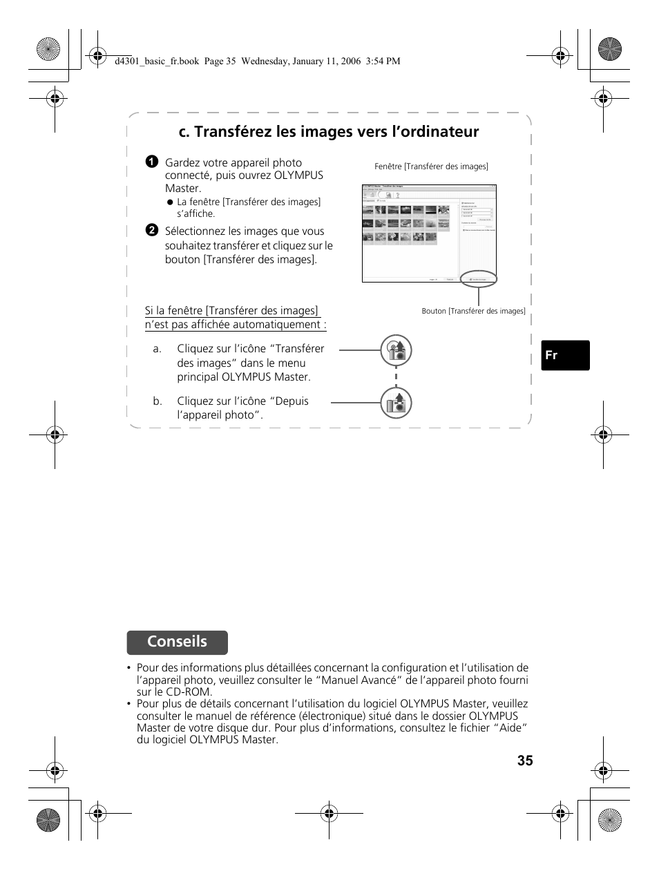 C. transférez les images vers l’ordinateur, Conseils | Olympus Stylus 810 User Manual | Page 35 / 84