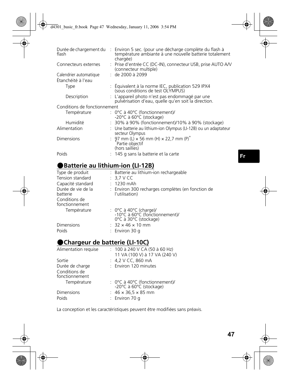 Batterie au lithium-ion (li-12b), Chargeur de batterie (li-10c) | Olympus Stylus 810 User Manual | Page 47 / 84