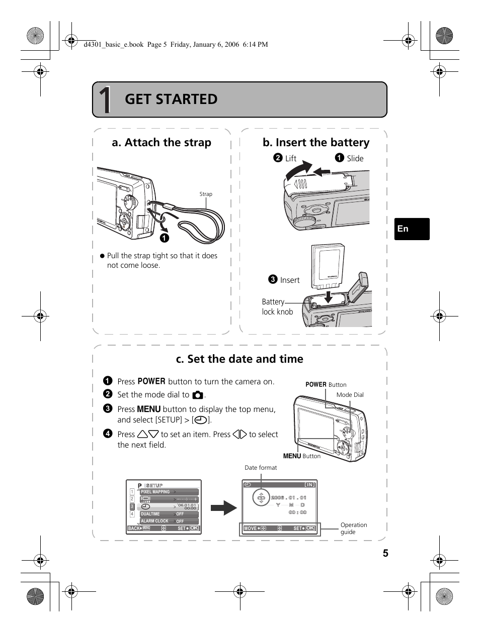 Get started, A. attach the strap b. insert the battery, C. set the date and time | Olympus Stylus 810 User Manual | Page 5 / 84