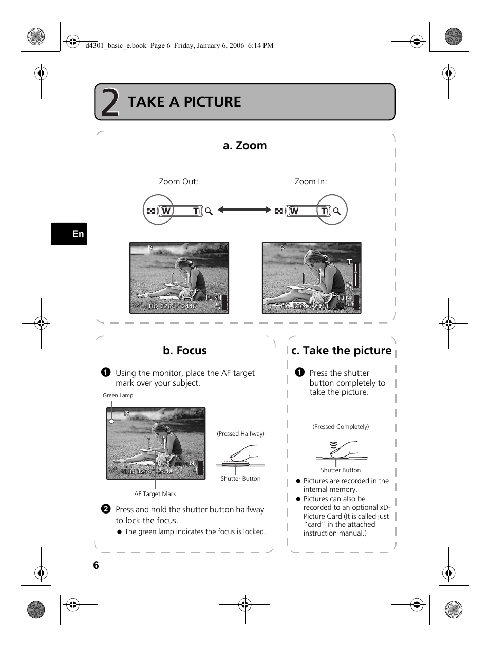 Take a picture, A. zoom, C. take the picture | B. focus | Olympus Stylus 810 User Manual | Page 6 / 84