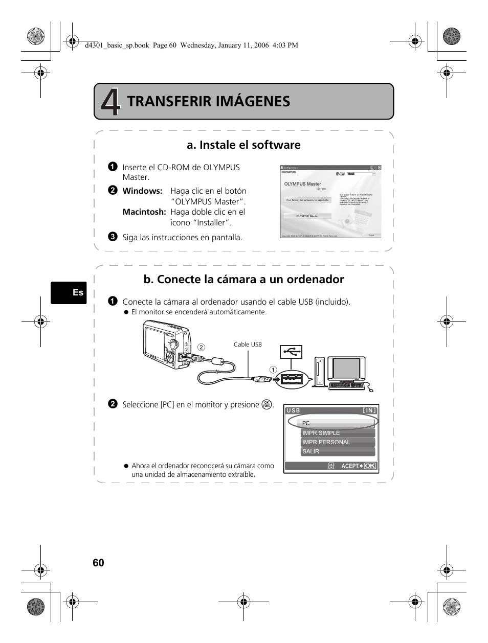 Transferir imágenes, A. instale el software, B. conecte la cámara a un ordenador | Olympus Stylus 810 User Manual | Page 60 / 84